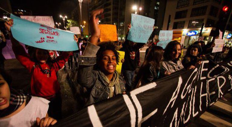 Protesto contra o 'vagão rosa' na Av. Paulista, dia 27 de julho.