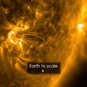 Imagem do tamanho da labareda solar, comparada à Terra.