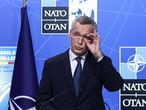 Brussels (Belgium), 14/06/2021.- NATO Secretary General Jens Stoltenberg gives a press conference with Spain's Prime Minister (unseen) during a NATO summit at the North Atlantic Treaty Organization (NATO) headquarters in Brussels, Belgium, 14 June 2021. Leaders of NATO countries warned Russia on June 14, 2021, that there could be no return to normal relations between Moscow and the military alliance until it complies with international law, and that China's increasingly aggressive behaviour, including cyber warfare and building nuclear warheads, poses "systemic challenges" to international law and security. (Bélgica, Rusia, España, Bruselas, Moscú) EFE/EPA/KENZO TRIBOUILLARD / POOL