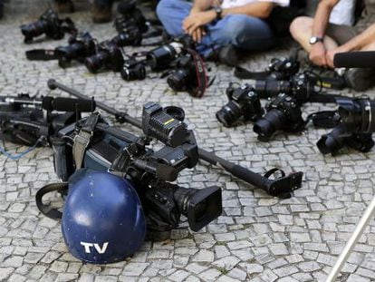 Protesto de jornalistas o dia 10 de fevereiro no Rio pela morte do cinegrafista Santiago Andrade.