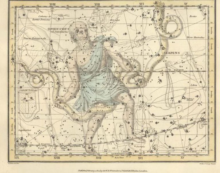 Constelação de 'Ofiúco', do 'Celestial Atlas', de Alexander Jamieson (1822).
