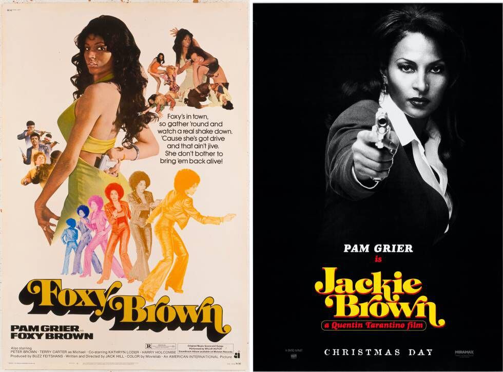 A estrela afro-americana Pam Grier num de seus papéis mais célebres da época, Foxy Brown. À direita, na versão Tarantino (Jackie Brown).