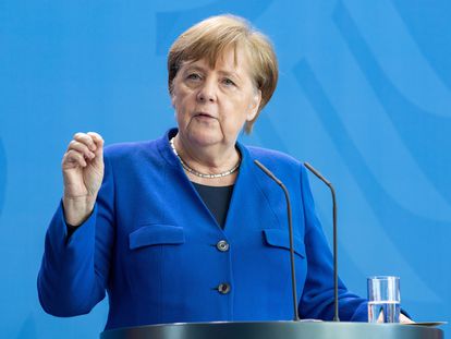 Angela Merkel, chanceler alemã, durante pronunciamento no dia 20 de abril.