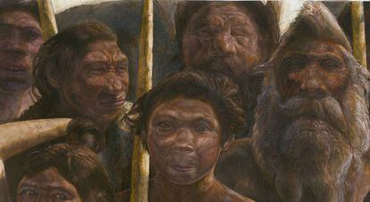 Representação de um grupo de hominídeos na Sima de los Huesos, no sítio arqueológico espanhol de Atapuerca.