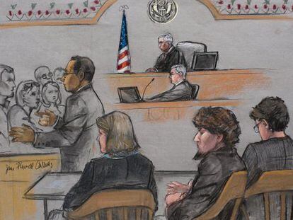 Cena do julgamento de Tsarnaev, o segundo à direita.