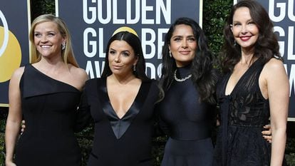 Reese Witherspoon, Eva Longoria, Salma Hayek e Ashley Judd, no Globo de Ouro realizado em 7 de janeiro de 2018.
