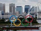 General view of the Olympic Rings installed on a floating platform are seen in preparation for the Tokyo 2020 Olympic Games that have been postponed due to the coronavirus disease (COVID-19) pandemic in Tokyo, Japan June 27, 2021.  REUTERS/Fabrizio Bensch