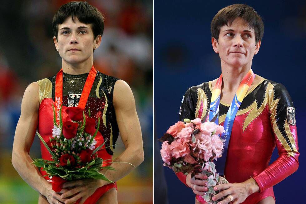 Na foto à esquerda, Chusovitina ao ganhar a prata em Pequim 2008. Na imagem à direita, no Mundial de Tóquio em 2011.
