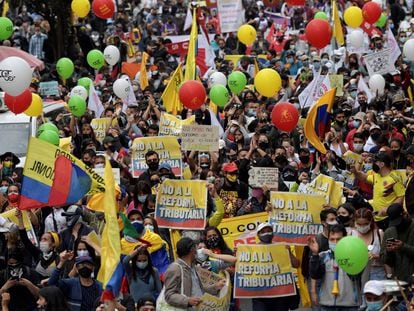 Protesto em Bogotá em 28 de abril contra a reforma tributária promovida pelo presidente da Colômbia, Iván Duque.