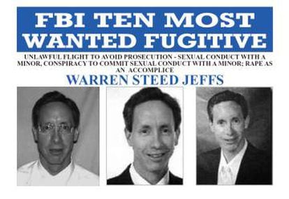 Cartazes distribuídos pelo FBI antes de o líder religioso Warren Jeffs ser preso. A polícia o prendeu em 2006, em Nevada, em um semáforo.