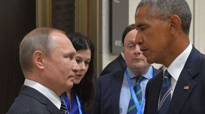 Vladimir Putin e Barack Obama durante o encontro dos l&iacute;deres do G20 em 5 de setembro de 2016: aumenta a tens&atilde;o entre os pa&iacute;ses.