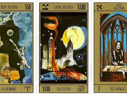 Três das cartas do tarô desenhadas por Dalí. Em seu baralho, ele se apresenta a si mesmo como o mago, e a Gala como a imperatriz.