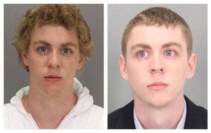 Brock Turner, ao ser preso janeiro de 2015 (&agrave; esquerda) e ao ser condenado por estupro em junho de 2016 (&agrave; direita).