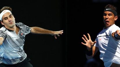 Federer e Nadal, em partidas diferentes no Aberto da Austrália deste ano.
