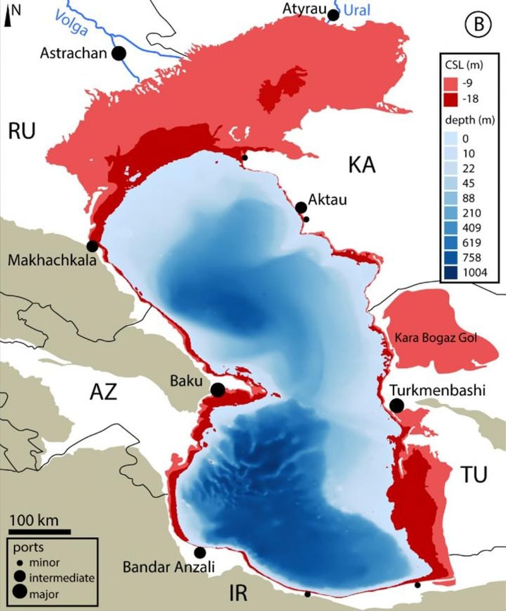 As zonas mais afetas estão no norte e leste (em vermelho), onde o mar Cáspio tem pouca profundidade.