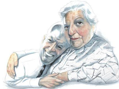 Mario Vargas Llosa e Carmen Balcells, em um desenho de Fernando Vicente de 2010.