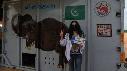 Cher posa junto ao abrigo no qual Kaavan foi transportado durante a sua viagem ao Camboja