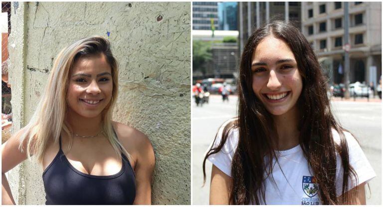 As estudantes Kimberly (à esq.) e Mariana (à dir.) em frente a suas respectivas escolas em São Paulo.