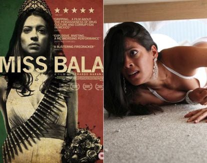 Cartaz e cena de “Miss Bala” (2011), o filme mexicano que mergulha na tóxica relação entre o mundo das rainhas da beleza e o tráfico de drogas.