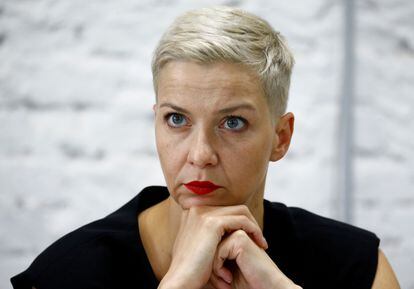A dirigente oposicionista Maria Kolesnikova numa entrevista coletiva em 24 de agosto em Minsk.
