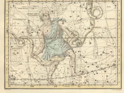 Constelação de 'Ofiúco', do 'Celestial Atlas', de Alexander Jamieson (1822).