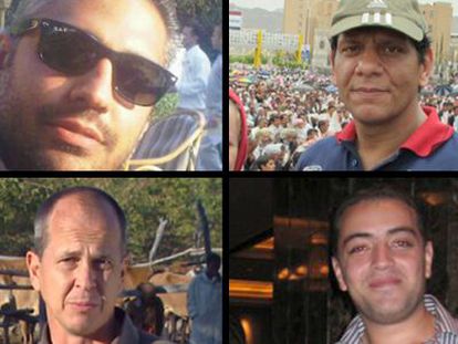 Os jornalistas presos Peter Greste, Mohamed Fahmy, Mohamed Fawzy e Baher Mohamed.