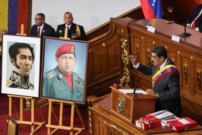 O presidente Nicolás Maduro discursa durante sua prestação de contas anual à Assembleia Nacional Constituinte da Venezuela, nesta quarta.