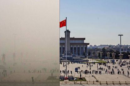Clique na imagem. Veja o antes e o depois dos níveis de poluição em vários lugares emblemáticos de Pequim, em dezembro de 2015.