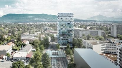 Torre de apartamentos e escritórios em Genebra, o último projeto até agora de Lacaton & Vassal. Nele, os arquitetos puderam aplicar suas ideias a partir do zero, sem precisar remodelar o edifício.