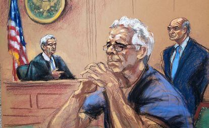Desenho da audiência em 31 de julho de Jeffrey Epstein, acusado de exploração sexual de dezenas de meninas, no tribunal de Nova York.