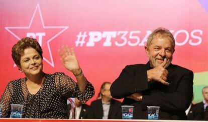 Dilma e Lula no evento de anivers&aacute;rio de 35 anos do PT.
