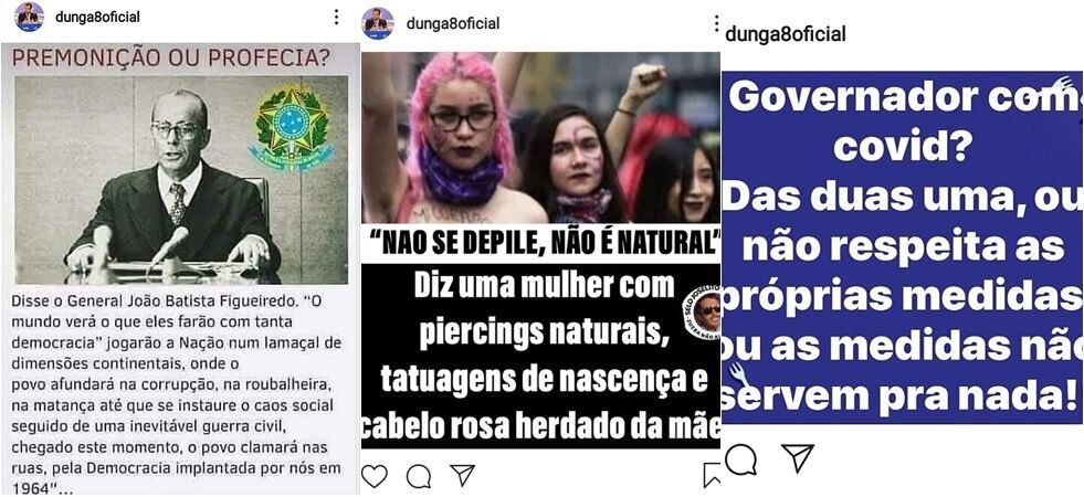 Nas redes sociais, Dunga endossa o general João Figueiredo, mas é crítico de movimentos feministas, políticos de esquerda e medidas de isolamento  social.