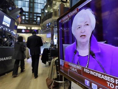 Presidenta do Fed, Janet Yellen, durante an&uacute;ncio da alta de juros. 