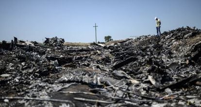 Um homem junto aos restos do avião de Malaysia Airlines. (AFP)