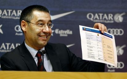 Josep Maria Bartomeu, antes da entrevista coletiva da tarde de hoje.