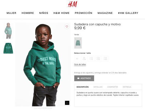 Imagem da criança negra com a sudadera na loja on-line de H&M Espanha, tomada do cache de Google do dia 2 de janeiro