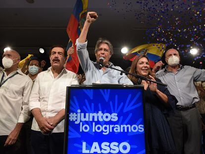 O presidente eleito do Equador, Guillermo Lasso, na noite de domingo após a divulgação dos resultados.