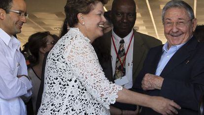 Marcelo Odebrecht, Dilma e Raúl na inauguração do Porto de Mariel.