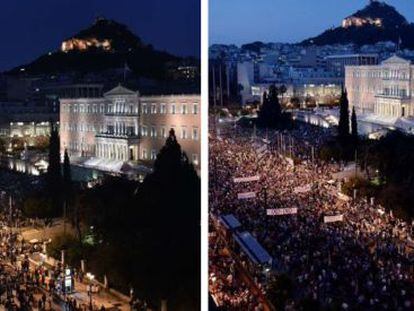 Protestos contra (à direta) e a favor da permanência da Grécia no euro, em Atenas, na segunda e na terça-feira, respectivamente.