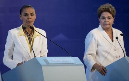 As candidatas Marina Silva e Dilma Rousseff durante um debate.