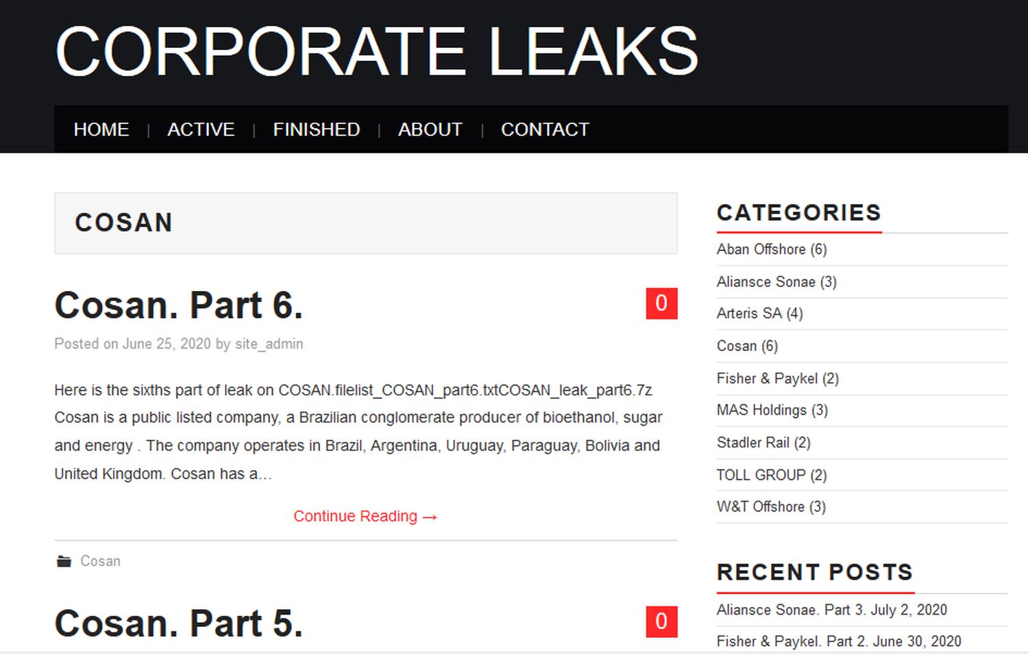 Captura da página Corporate Leaks com anúncio de dados vazados da Cosan.