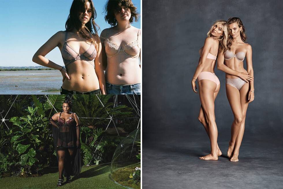 À esq., a campanha da Lonely e Paloma Elsesser no desfile da Savage x Fenty (a linha de Rihanna) na Fashion Week de Nova York. À dir., a campanha mais recente da Victoria’s Secret.