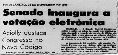 Primeira votação eletrônica do Senado, em 1972, é noticiada pelo jornal Tribuna da Imprensa