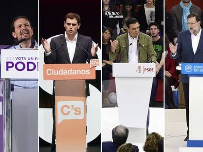 Da esq. para a dir.: Pablo Iglesias (Podemos); Albert Rivera (Ciudadanos); Pedro Sanchez (PSOE) e o premi&ecirc; Mariano Rajoy (PP). 