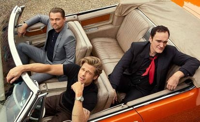 Leonardo DiCaprio, Brad Pitt e Quentin Tarantino, numa foto de divulgação de 'Era Uma Vez em... Hollywood'.