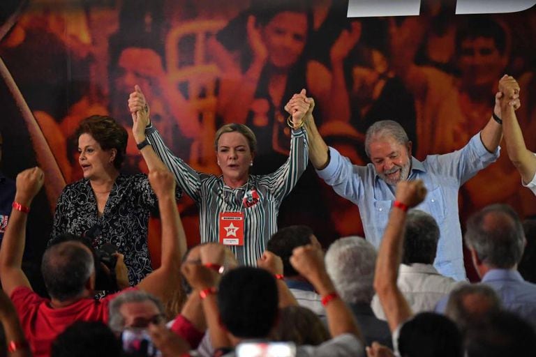 Dilma Rousseff, Gleisi Hoffmann e Lula em evento na CUT.