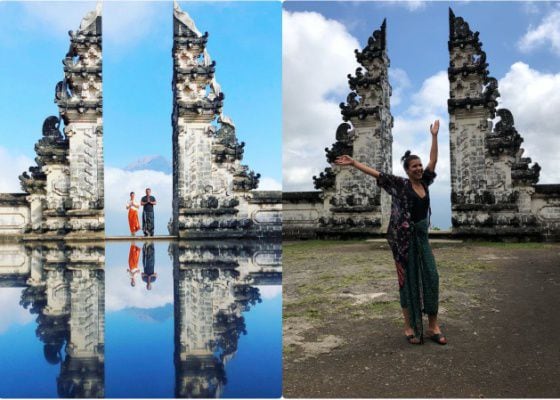 À esquerda, foto falsa do templo de Pura Lempuyang, em Bali (Indonésia). À direita, o aspecto real do santuário.