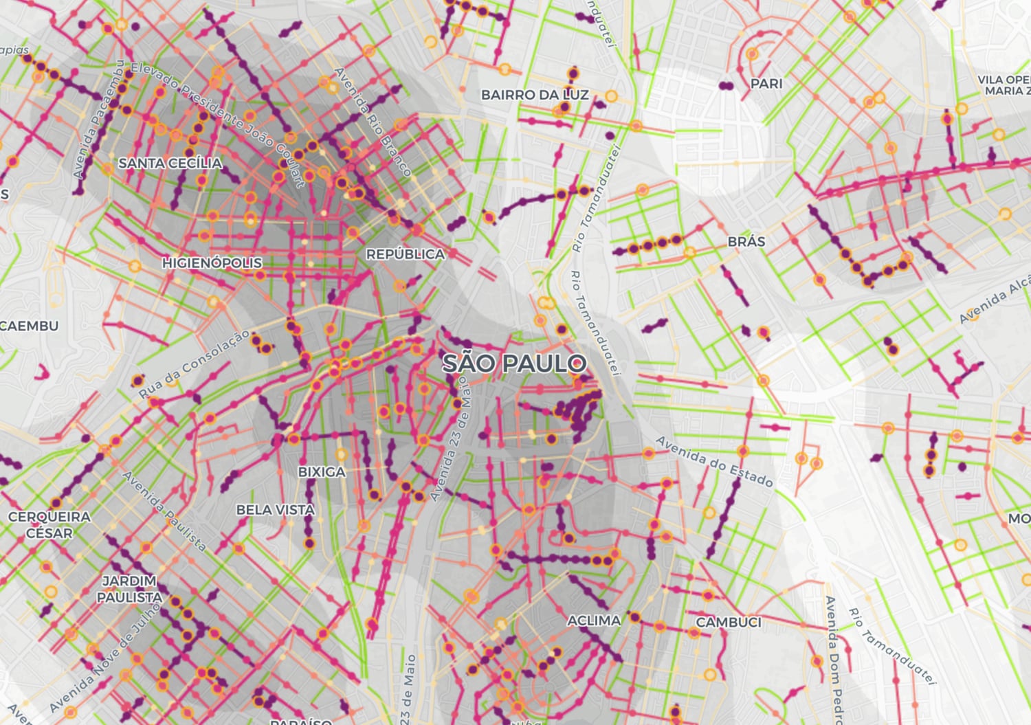 O mapa interativo elaborado pelo LabCidade com os casos de contágio e mortes pela covid-19.