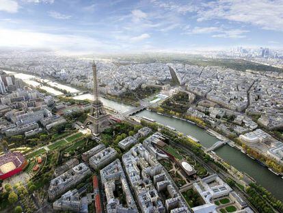 Simula&ccedil;&atilde;o com arena do v&ocirc;lei de praia ao lado da Torre Eiffel, parte da candidatura de Paris para os Jogos.