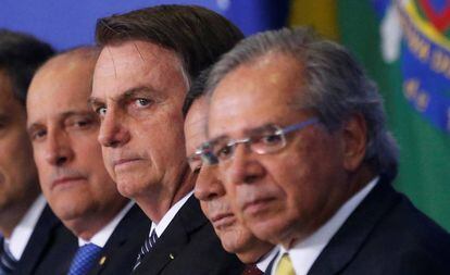 Onyx, Bolsonaro, Mourão e Guedes, no Planalto.